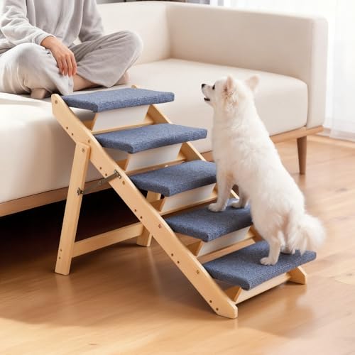 Wood Pet Stairs (Wood Color+Blue / 5-Step Foldable)
