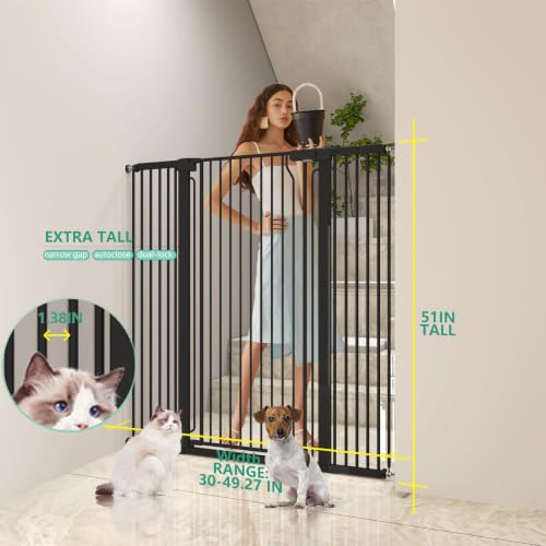 51" Extra Tall Cat Gate for Doorway Auto Close Encrypted Cat Gate 30" (Black / 51"H,30-49.27"W-Black)