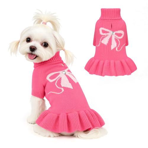Bowknot Dog Sweater Dress for Small Dogs Girl (Large (14-21lbs) / Rose Pink)