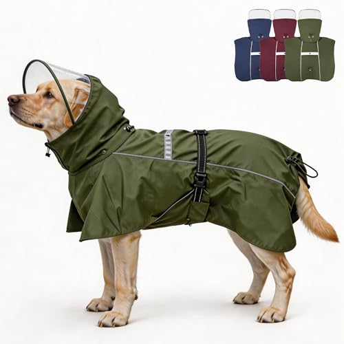 Pet Dog Raincoat Jacket Large Dog Rain Poncho with Transparent Hood (Army Green / L-Fit for 6-12 lbs)