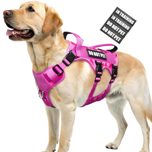 Escape Proof Dog Harness with Double Handle+4 Removable Patches (Large / Camo Pink)