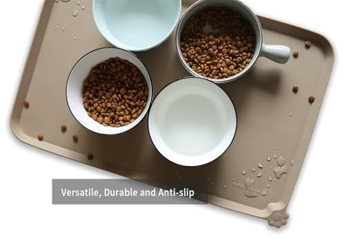 L Silicone Non Slip Pet Dog Cat Bowl Mats (22" x 14" / Tan)