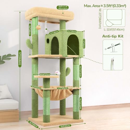 Cactus Cat Tree Tower with Scratching Post for Indoor Cats (Green / L)