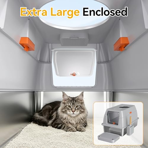 XL Enclosed Stainless Steel Litter Box with Lid (Light Gray)