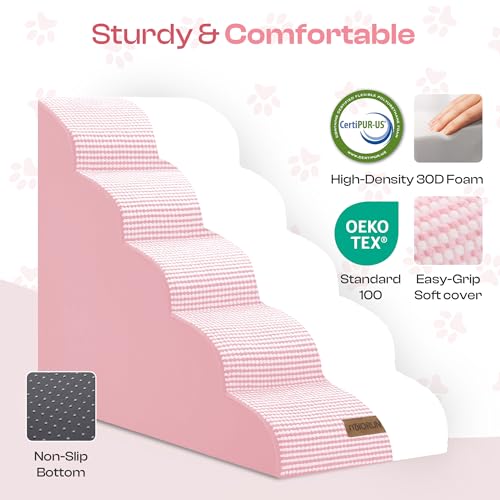 Dog Stairs for High Beds (White-pink / Stairs 24.5"H)