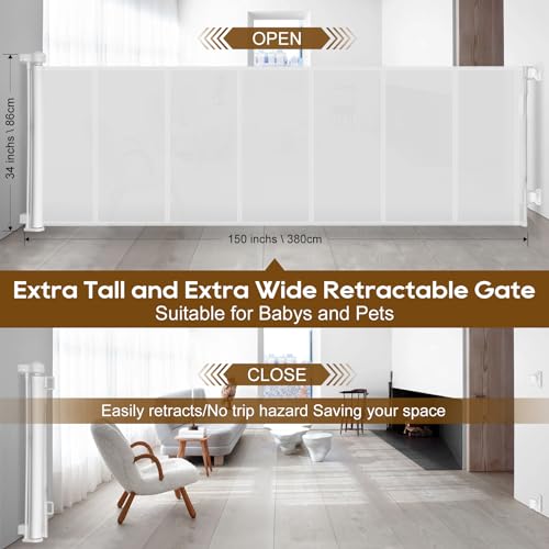 150 inch Reinforced Retractable Baby Gates 34 inch Tall (White / 34" Tall x 150" Wide)