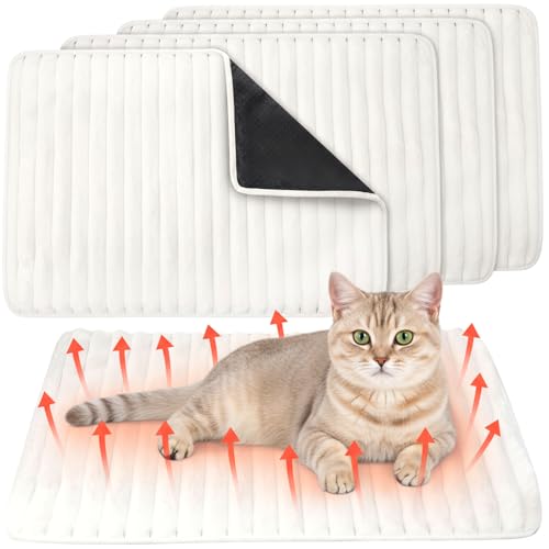 4 Pack Self Warming Cat Bed 24"x18" Self Heating Dog Cat Pad Bulk Crate Mat Extra Warm Thermal Big Pet Pad for Indoor Outdoor Pets Houses with Removable Washable Cover Non Slip (White)