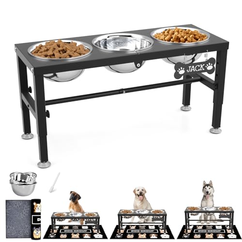 Metal Elevated Dog Bowls Stand for Large Dogs with Mat & Three 58oz Food Water Bowls (Black-1.7L-Three)