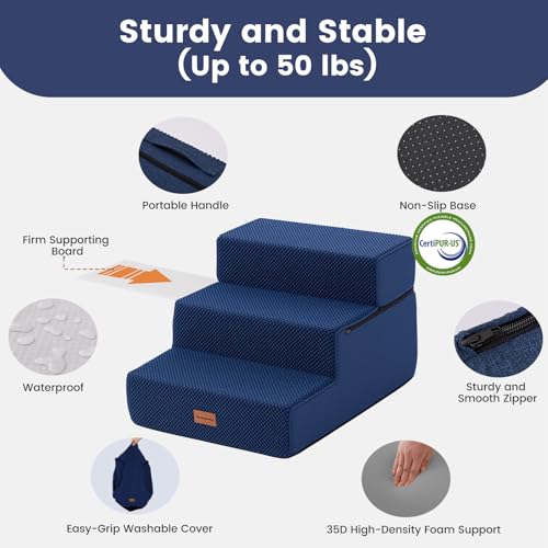 Dog Stairs for Small Dogs 14" H (Navy / 18"x22"x14"Extra Wide)