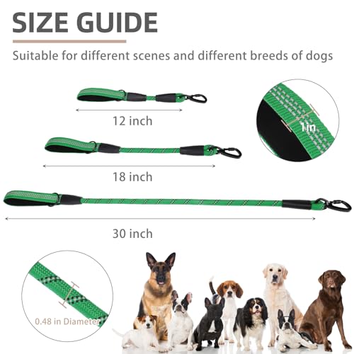 Reflective Short Dog Leashes 3 Pack for Walking and Training (Green / 1FT+1.5FT+2.5FT)
