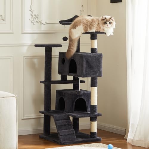 54 Inch Cat Tree Tower with Sisal Scratching Posts (Gray / 54"×19.7"×19.7")