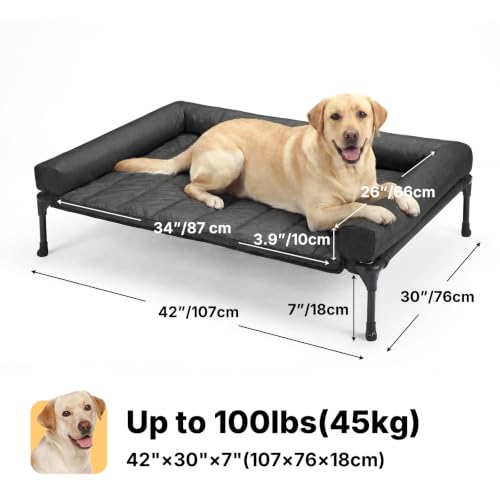 Outdoor Elevated Dog Bed with Waterproof Bolster Cushion (Black / 42.0"L x 30.0"W x 7.0"Th)