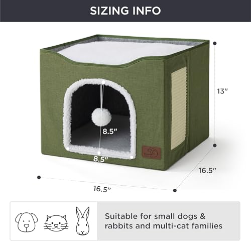 Cat House Bed for Indoor Cats with Fluffy Ball and Scratch Pad (Loden Green / Single)