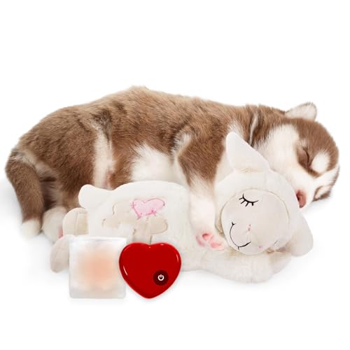 Heartbeat Dog Toy with Warm Bag for Puppy Anxiety Relief & Sleep Aid (White Sheep(Heartbeat + Warm Bag))