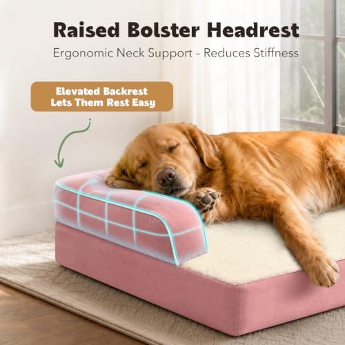Orthopedic Waterproof Jumbo Dog Bed with Bolster for Extra Large Dogs (53.0"L x 42.0"W x 8.0"Th / Pink)