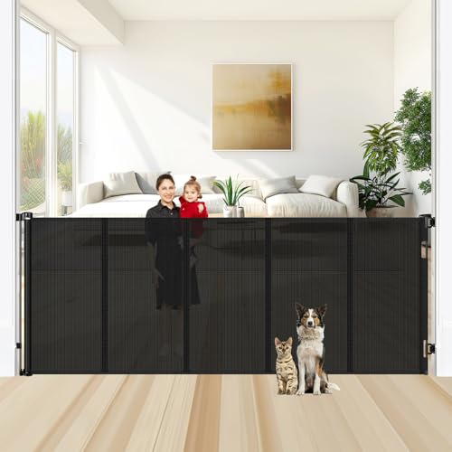 Reinforced 48" Extra Tall X 100" Extra Wide Retractable Baby Gate for Large Openings Extra Tall Dog Gates for Doorways Extra Long Baby Gate Mesh Large Dog Gate Indoor Pet Gate for Cats (Black / Reinforced 48" Tall x 100" Wide)