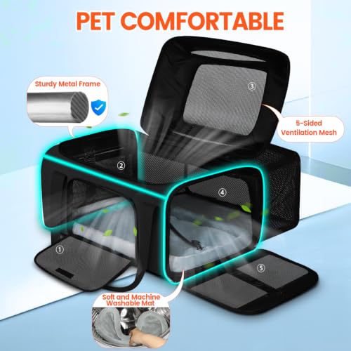 Top & Side Expandable Small Pet Carrier with Wheels Airline Approved (Black with wheels / 18.0"L x 11.0"W x 11.0"H)
