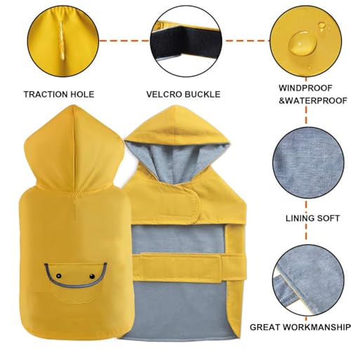 Dog Raincoat Dogs Rain Jacket Reflective Waterproof Pet Clothes Lined Poncho Rainwear Pocket Hooded Leash Hole Adjustable for Small Medium Dogs Puppy (Yellow / S:Back Length 8.6")