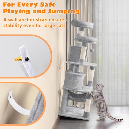 62.5inches Cat Tree Cat Tower Cat Condo with Platform & Hammock (62.5in / Light Gray)
