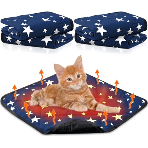 4 Pack Self Warming Cat Bed Self Heating Cat Mat Star Pattern Soft Dog Crate Pad Thermal Pet Mat Anti Slip Kennel Dog Washable Warming Bed for Outdoor Indoor (18 x 18 Inch / Blue)