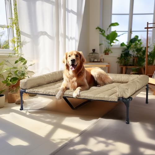 Outdoor Elevated Dog Bed with Waterproof Bolster Cushion (Beige Coffee / 49.0"L x 33.0"W x 9.0"Th)