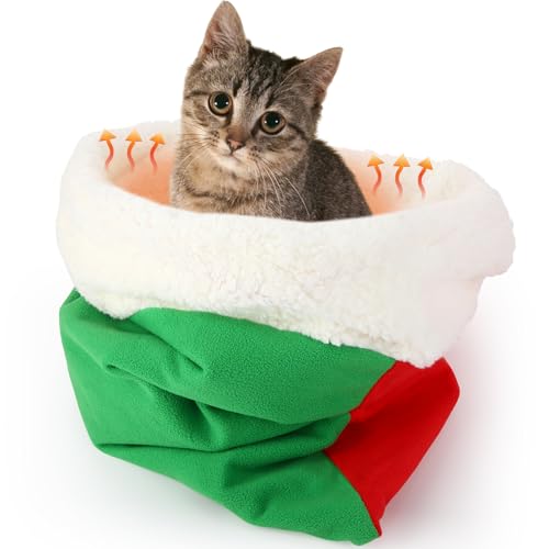 Self Heating Cat Sleeping Bag Self Warming Cat Cave Heated Pad Cozy Soft Winter Washable Wrap Red and Green Pet Sleeping Pouch Snuggle Sack for Puppy Dog Kitten (Christmas / Red and Green)