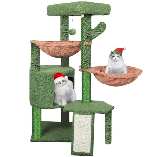 Wang Xin Three Layer Cat Tree with Cat Condo Scratch Pad and Two Hammocks (Small / Green)