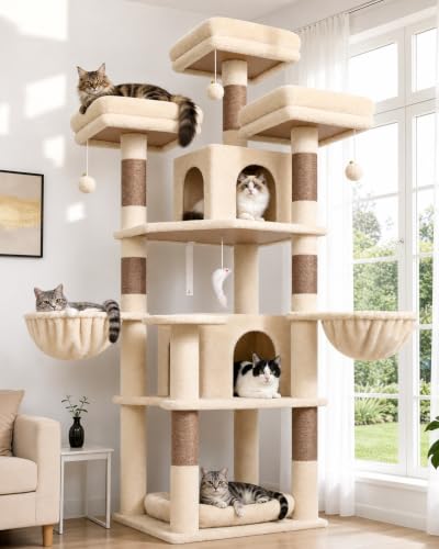 Big XL Cat Tower for Indoor Multiple Cats (Beige / 68 inch)