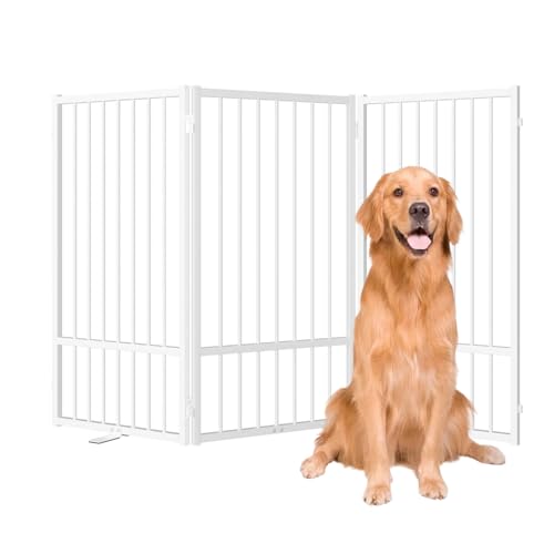 Full Metal Freestanding Dog Gate with Door (【3 Panels】60"W*36H" / White)