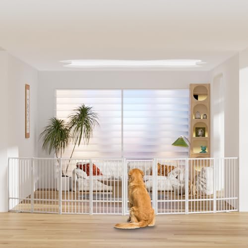 Full Metal Freestanding Dog Gate with Door (【8 Panels】160"W*36H" / White)