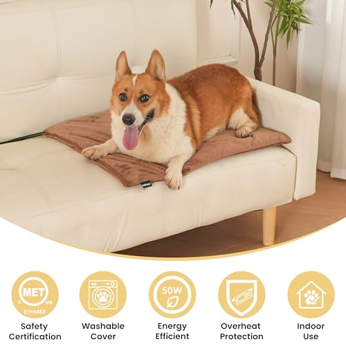Pet Heating Pad for Cats Dogs Indoor & Sheltered Outdoor Waterproof Heated Cat Bed Heated Dog Bed Chew Resistant Cord Constant Temperature Electric Warming (Brown / Large: 26" x 20" x 1.3")