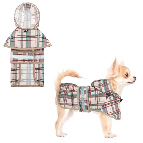 Dog Raincoat Hooded Slicker Poncho with Leash Hole (S:10-15lbs / Plaid beige)