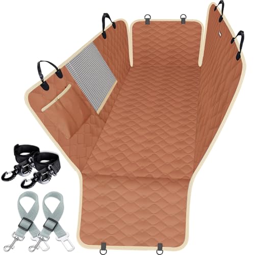 Dog Car Seat Covers for Back Seat with 2 Seat Belts (Standard / Brown)