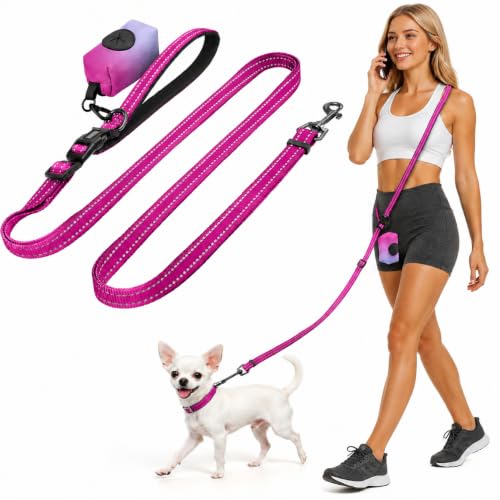 Hands Free Dog Leash with Poop Bag Holder (Hotpink)