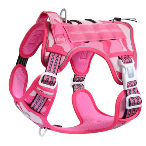 Tactical Dog Harness for Large Dogs (Camo - Pink Camo / XL(Neck:20-31",Chest:26-42"),75-135 lbs)