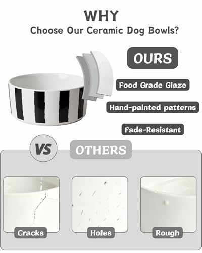 Ceramic Dog Bowl with Wood Stand (M-3.5 Cups / 05-Stripe)