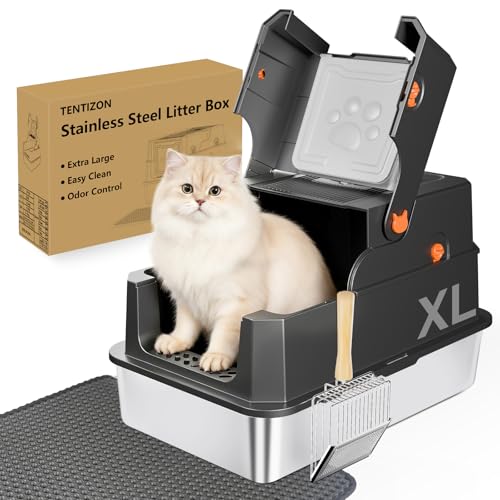 TENTIZON Stainless Steel Cat Litter Box with Lid (Black)