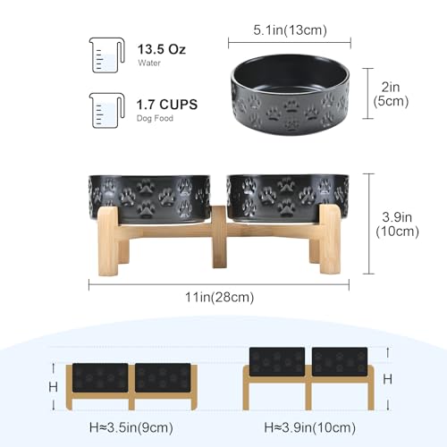 Elevated Dog Bowls Ceramic (5.1 in - 1.7 cups / Paw Black)