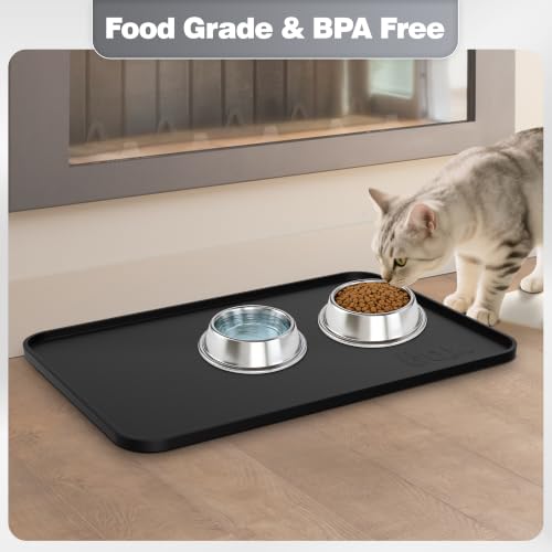 Silicone Dog Cat Food Mat Extra Thick Raised Edge (Black / 18"L x 12"W)