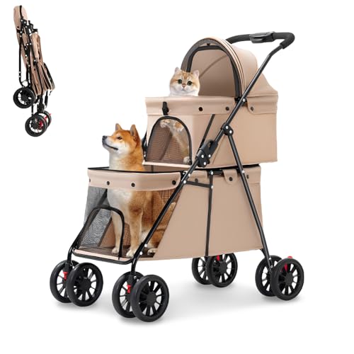 Double Pet Stroller for Medium Small Dogs and Cats Easy (Brown)