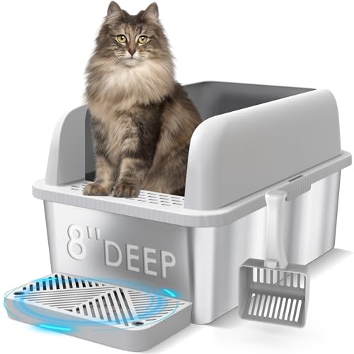 XL 8" Deep Enclosed Stainless Steel Cat Litter Box for Big Cats (Light Grey & Sliver / X-Large)