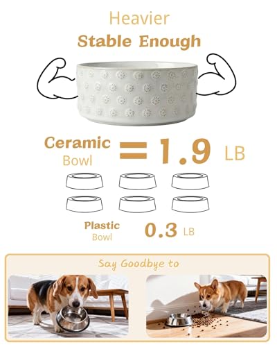 Ceramic Dog Bowl with Wood Stand (M-3.5 Cups / 07-Daisy)