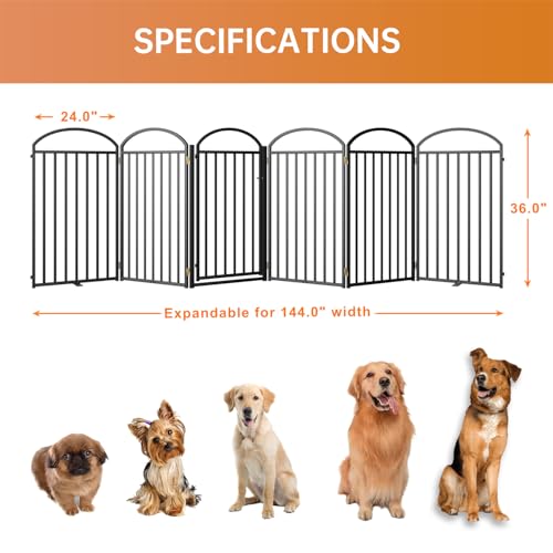 6 Panels Full Matel Freestanding Dog Gates with Door (【6 Panels with Door】144"W*36H" / Black)