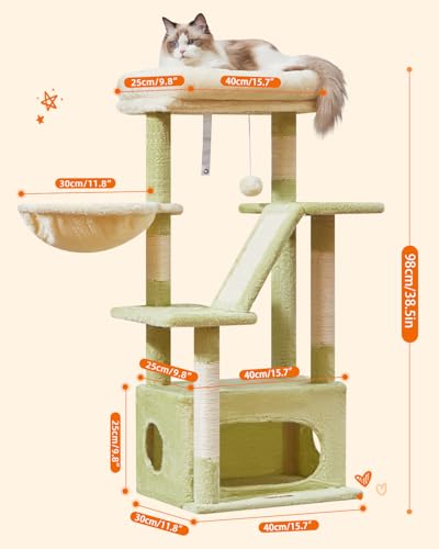 Cat Tree 38.5In Cat Tower for Indoor Cats (Green and Beige / 38.5 Inches)