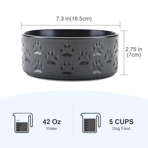 Ceramic Dog Bowls 2 Pack (7.3 in - 5.3 cups / Paw Black - Only Bowls*2)