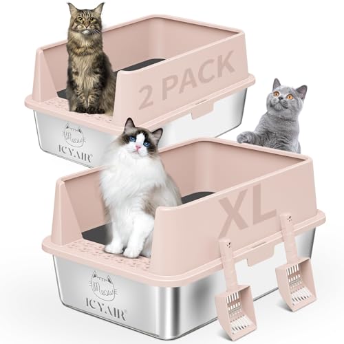 2PACK Stainless Steel Cat Litter Box with High Sides Lid (2PK-Light Pink)