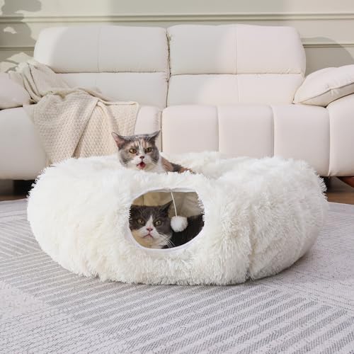 Plush Cat Tunnel Bed for Indoor Cats with Soft Cushion (White)