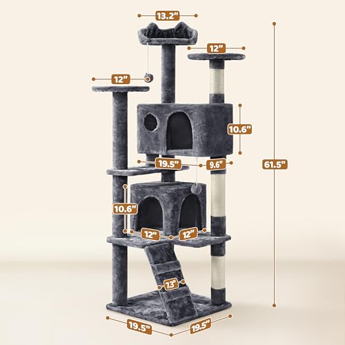62in Cat Tree with 2 Condos Sisal Scratching Post Sturdy Tower (Dark Gray / 62in)