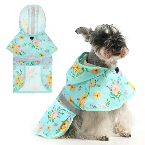 Dog Raincoat Hooded Slicker Poncho with Leash Hole (S:10-15lbs / Flower Green)