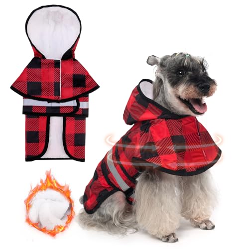 Winter Dog Raincoat Hooded Slicker Poncho with Leash Hole (M:15-20lbs / Red&Black(Thick Fleece))